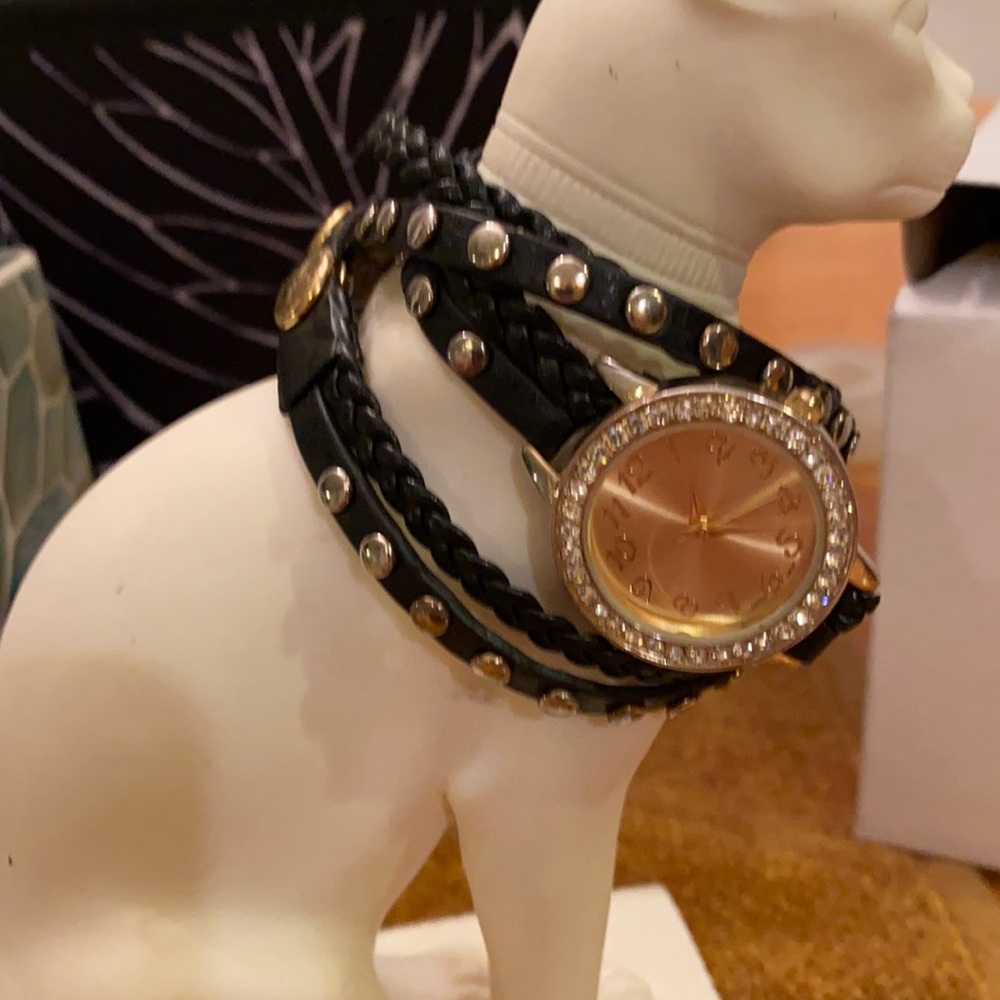 Leather wrap watch bracelet Gold face w/rhinestone